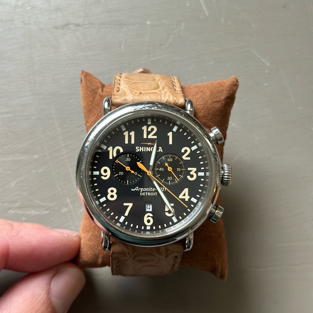 Shinola Runwell Chrono 47mm Black Tan Alligator Leather Watch AUTHENTIC